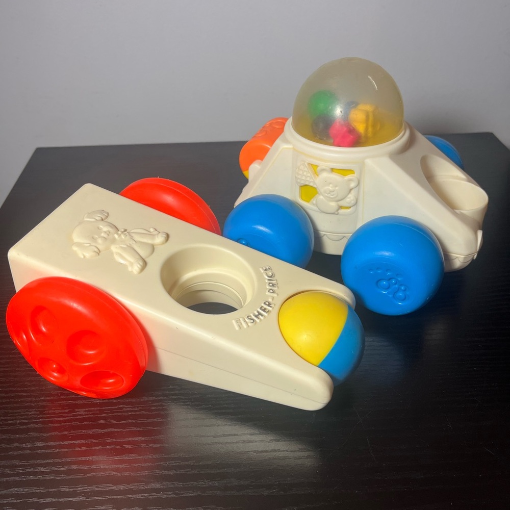 Vintage Fisher Price 1975 Click N Clatter Car and 1987 Poppity Pop Car